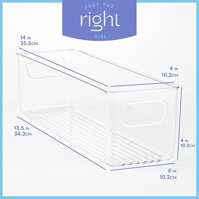 Plastic Food Storage 6 Pack Clear Container Bin with Handles for Organizing Kitchen, Pantry, Refrigerator, Freezer, Pantry, Cabinet, Closet, Bathroom. 14”x4”x4”