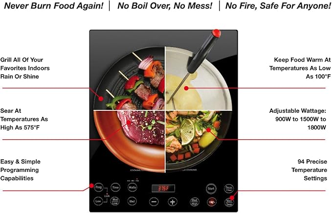 Nuwave Pro Chef Induction Cooktop, NSF-Certified, Commercial-Grade, Portable, Powerful 1800W, Large 8” Heating Coil, 94 Temp Settings 100°F - 575°F in 5°F, Shatter-Proof Ceramic Glass Surface