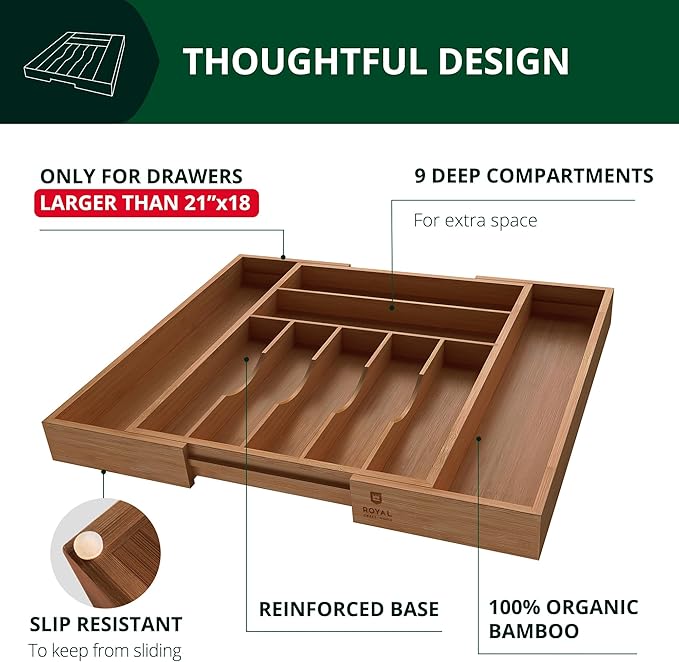 ROYAL CRAFT WOOD Luxury Bamboo Kitchen Drawer Organizer - Silverware Organizer - Utensil Holder and Cutlery Tray with Grooved Drawer Dividers for Flatware and Kitchen Utensils (9 Slot, Brown Bamboo)
