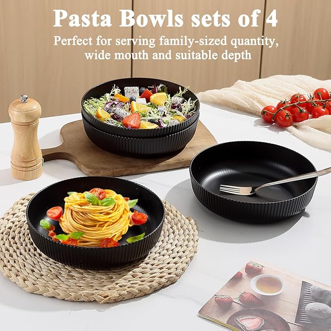 Kyraton Pasta Bowls Set of 4, 37oz Salad Bowls Soup Bowls Large Pasta Serving Bowl Plastic Unbreakable Serving Dishes Dinner Bowls (Black)