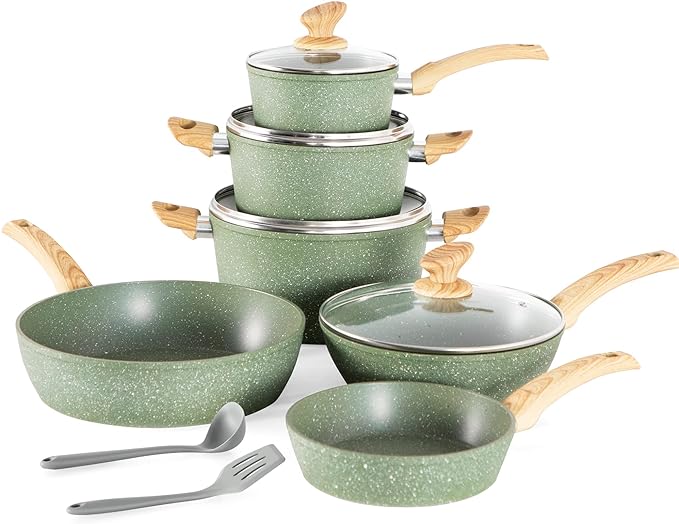 Kitchen Academy Non Toxic Pots and Pans Set Non Stick - 12 Piece Induction Cookware Sets, Green Granite Nonstick Cooking Pot and Pan Set, PFOA&PFOS Free
