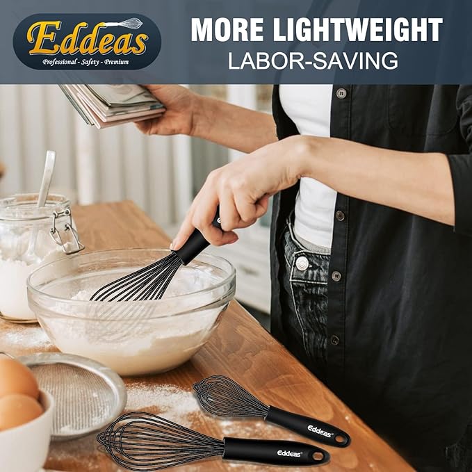 Silicone Whisk,Non Scratch Whisk for Cooking, 5+7+9+11in Balloon Whisks, Suitable for Mixing, Blending Whipping.11in Flat Whisks great for Ceramic Coated pans and Wider shallower pots.