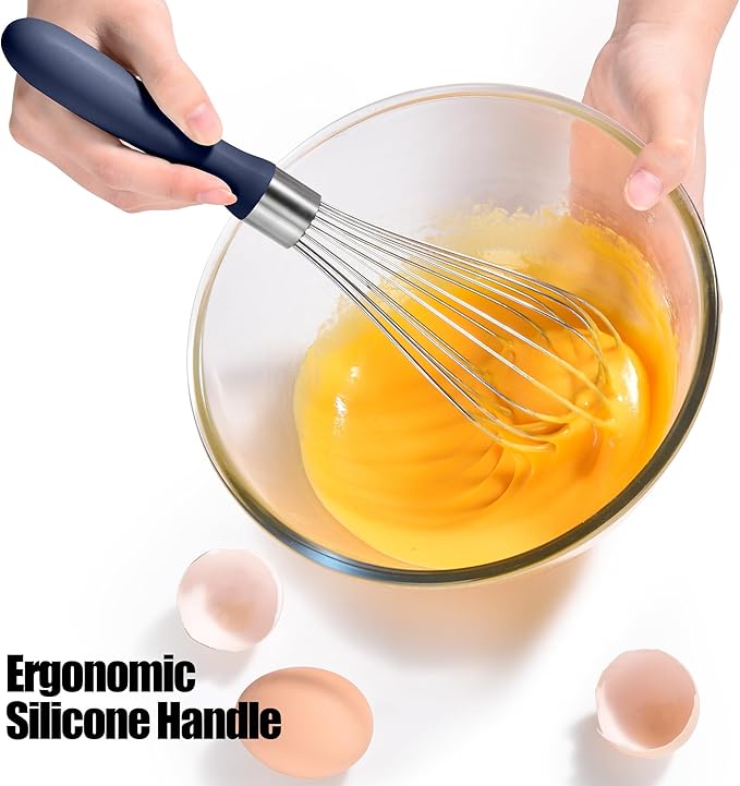 18/8 Stainless Steel Balloon Whisk, Doosu Kitchen Whisk for Cooking Handheld Egg Beater with Rust-Proof Sturdy Wires & Non-Slip Silicone Handle for Beating, Stirring, Blending (8 Wires, Navy Blue)