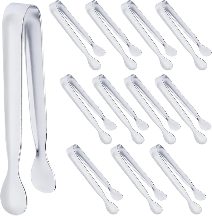 DUGATO 12 Pack Mini Serving Tongs (4.3 Inch Stainless Steel) - Small Appetizer, Sugar Cube & Ice Tongs for Tea Party, Coffee Bar, Buffets - Silver