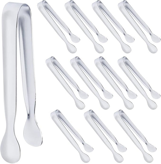 DUGATO 12 Pack Mini Serving Tongs (4.3 Inch Stainless Steel) - Small Appetizer, Sugar Cube & Ice Tongs for Tea Party, Coffee Bar, Buffets - Silver