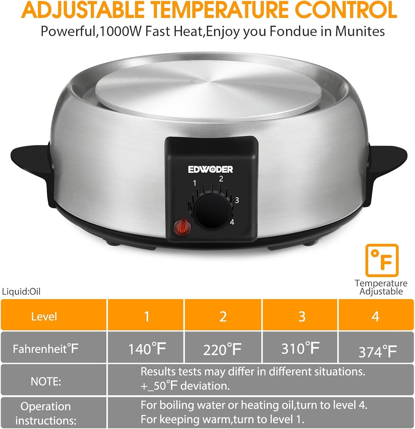 Electric Fondue Pot Set,2-Quart 1000-Watt Stainless Steel Fondue Maker with Temperature Control,8 Forks,Perfect for Chocolate, Cheese, Caramel
