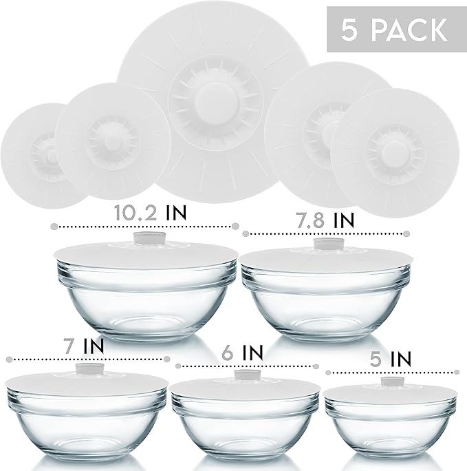Silicone Bowl Lids White, Set of 5 Reusable Suction Seal Covers for Bowls, Pots, Cups. Food Safe. Natural grip, interlocking handles for easy use and storage.