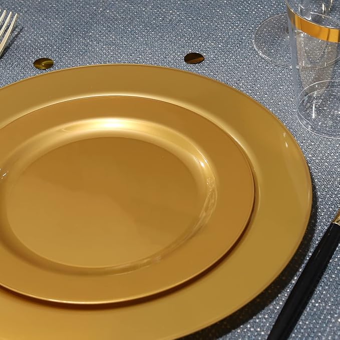 I00000 102 Pieces Solid Gold Disposable Plates, Gold Plastic Plates Premium Plastic Party Plates Includes: 51 Dinner Plate 10.25 Inch and 51 Salad/Dessert Plate 7.5 Inch for Wedding & Party