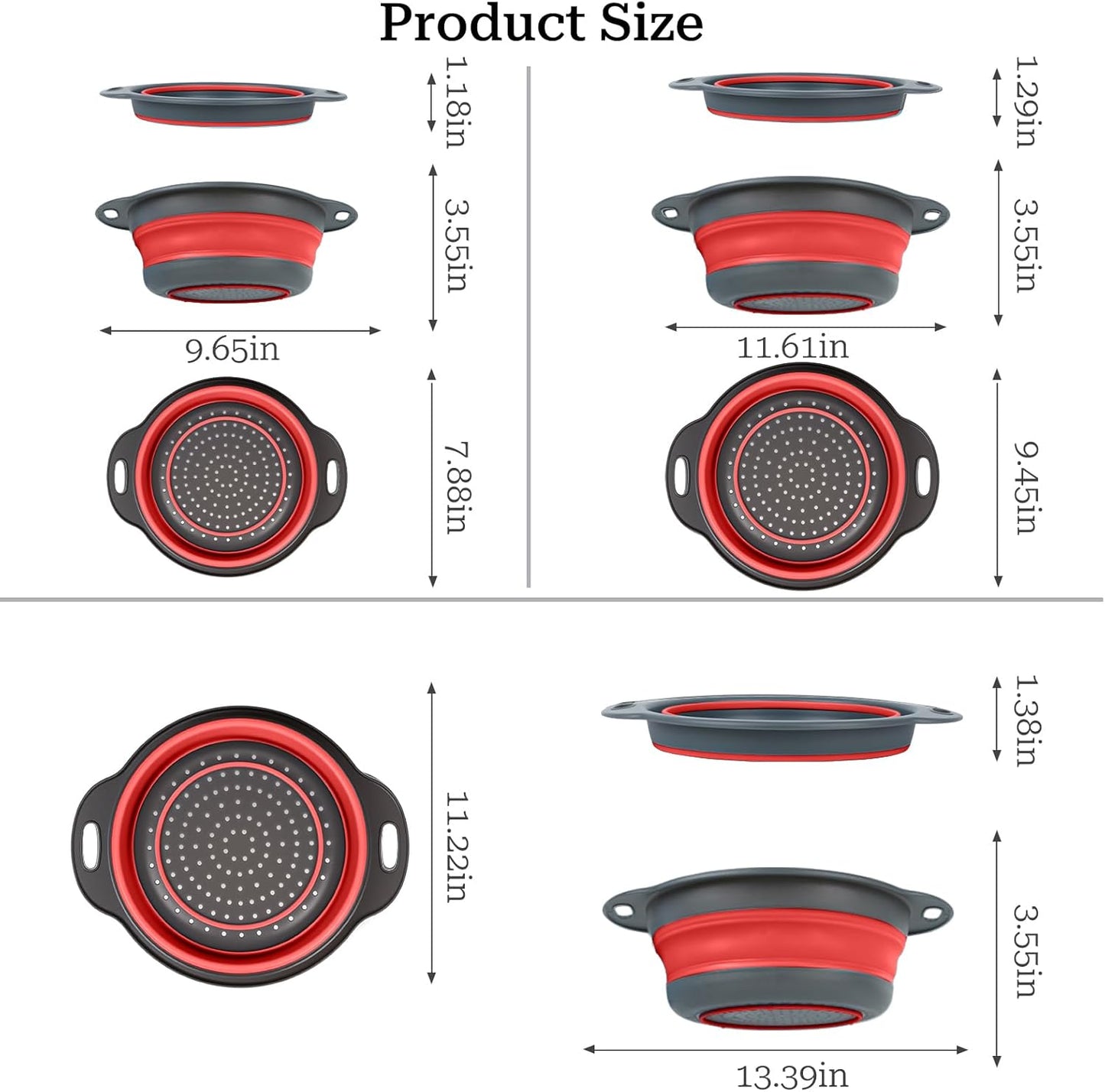 Collapsible Colander 3-Pack Set Space-Saving Foldable Kitchen Strainer with Non-Slip Base Durable Thickened PP+TPE Collapsible Strainers for Pasta, Vegetables, Fruits (Gray-Red)