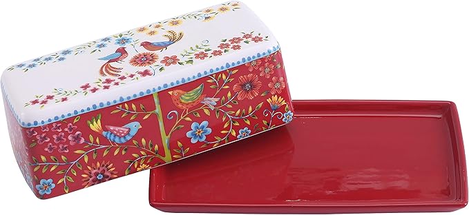 Bico Red Spring Bird Ceramic Butter Dish with Lid, Wide Butter Keeper for Counter, Kitchen Countertop, Microwave and Dishwasher Safe