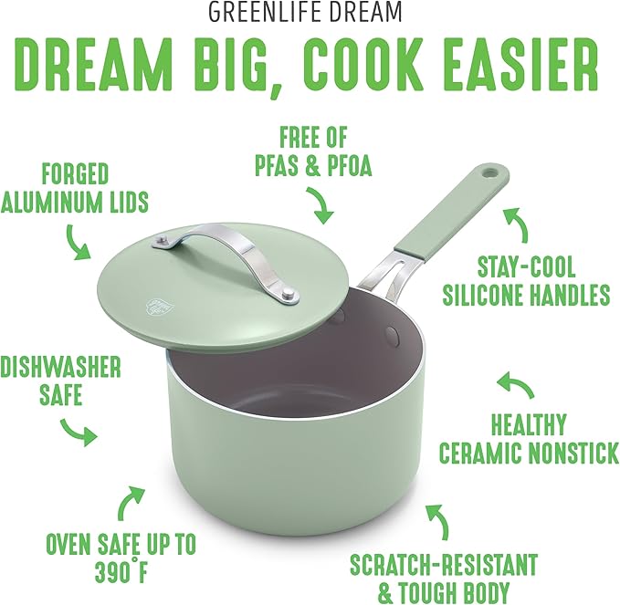 GreenLife 2 Quart Nonstick Saucepan with Lid, Lightweight Healthy PFAS-Free Milk Pan, Dishwasher & Oven Safe Soup Pan, Durable Body, Silicone Stay-Cool Handle, Easy Release Chef’s Pan, Sage Green