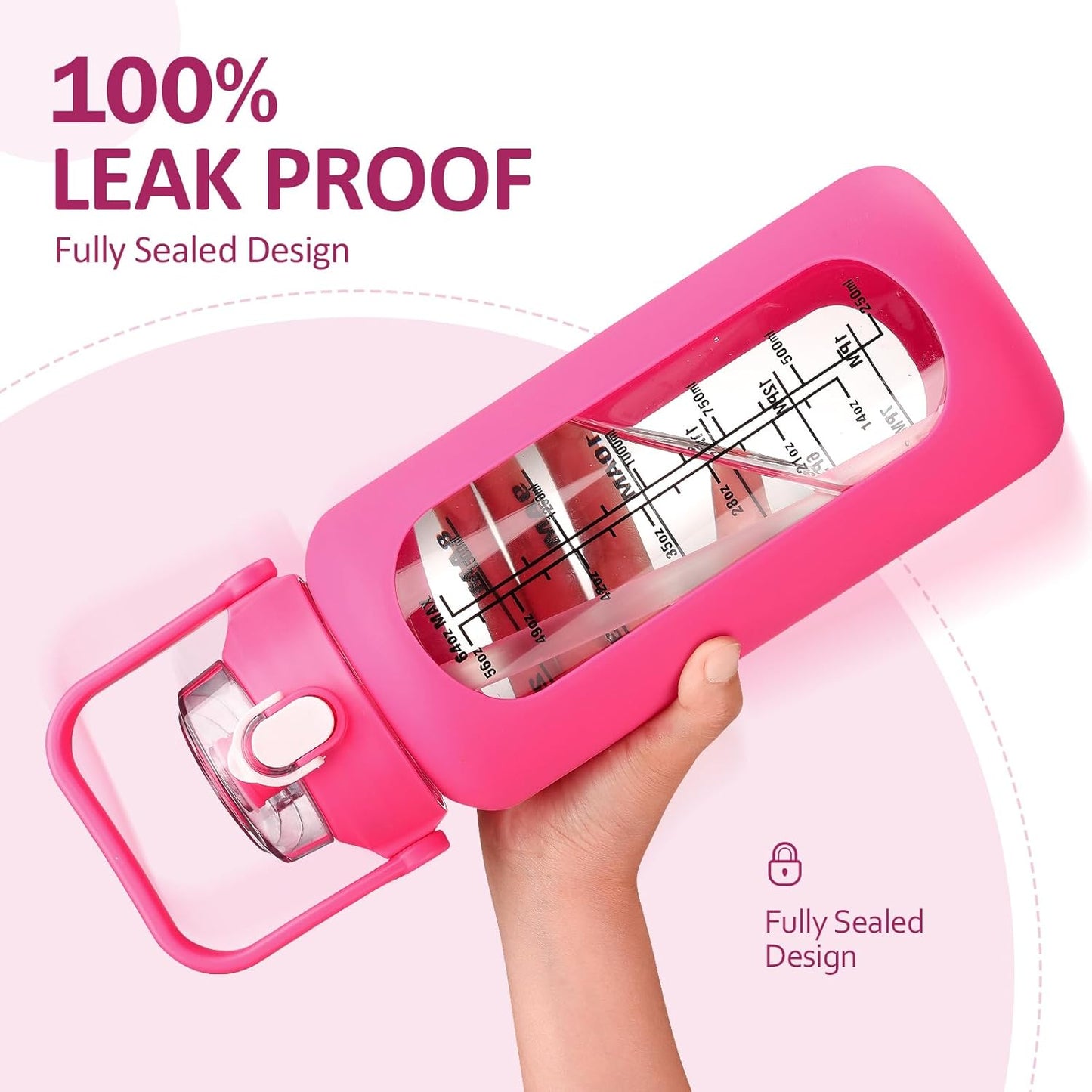 kytffu 64oz Glass Water Bottles with Straw, Half Gallon Motivational Glass Bottle with Silicone Sleeve and Time Marker, 2L Leakproof Large Glass Water Jug for Gym Home Office, Rose Red