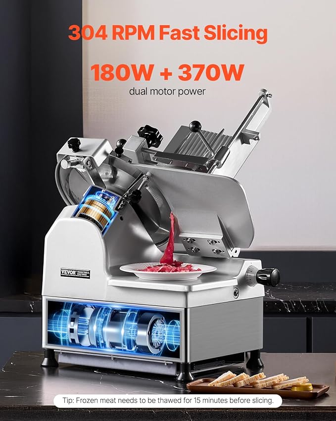 VEVOR Automatic Meat Slicer, 180W + 370W Deli Slicer with a 12 inch Premium 65Mn Blade, 0-0.3 inch Adjustable Thickness, Electric Food Slicer Machine for Meat, Vegetables, Hard Bread, and Cheese