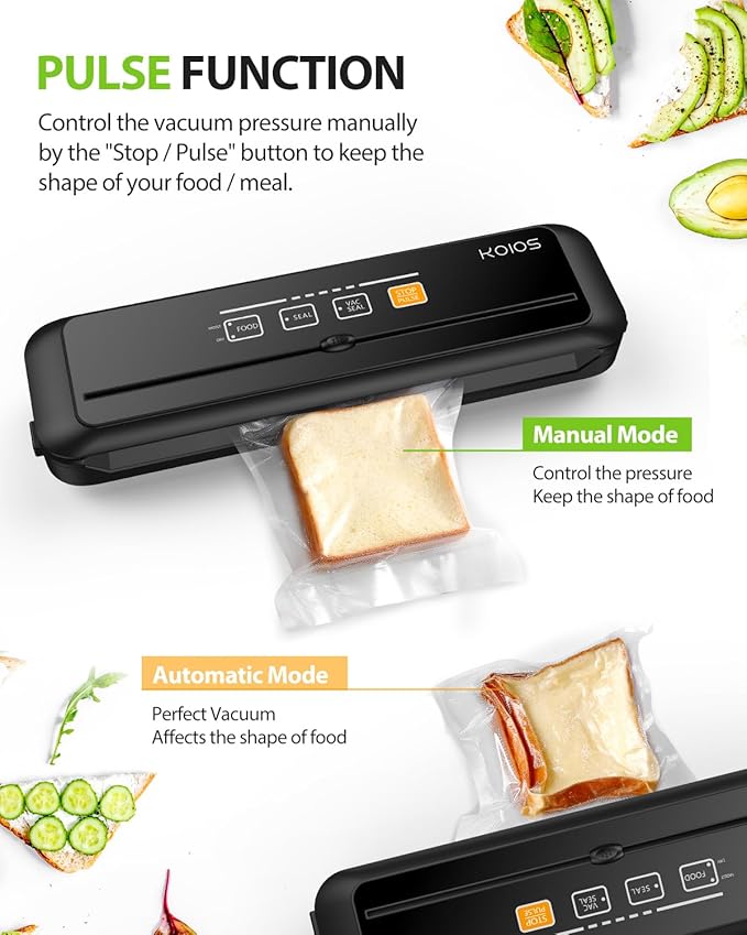 KOIOS Vacuum Sealer Machine, 90Kpa Automatic Vacuum Air food sealer/Built-in Cutter Starter Kit, Dry & Moist Food Preservation Modes, Pulse Function, LED Indicator Lights, Black