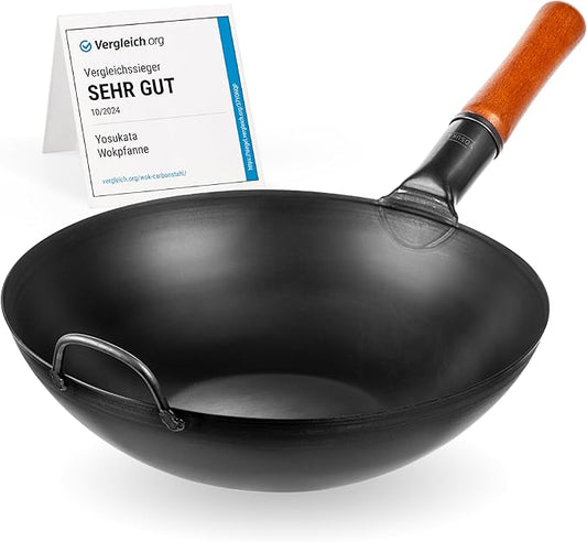 YOSUKATA 13.5" Carbon Steel Wok Pan – Pre-Seasoned Flat Bottom Pow Wok for Stir Fry, BBQ, Grill & Camping – Traditional Japanese Chinese Cookware – Compatible with Induction, Electric, Gas, Open Fire