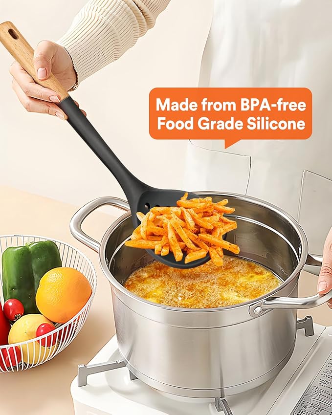 Kitchen Ladle Strainer, Large Slotted Spoon with High Heat Resistant BPA Free, Non Stick Cooking Skimmers For Draining & Frying, 13.2inch (Black)