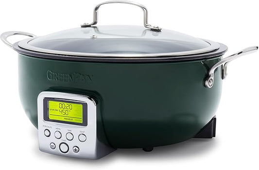 GreenPan Elite Essential Smart Electric 6QT Skillet Pot,Sear Saute Stir-Fry and Cook Rice, Healthy Ceramic Nonstick and Dishwasher Safe Parts, Easy-to-use LED Display, PFAS-Free, Ponderosa Pine