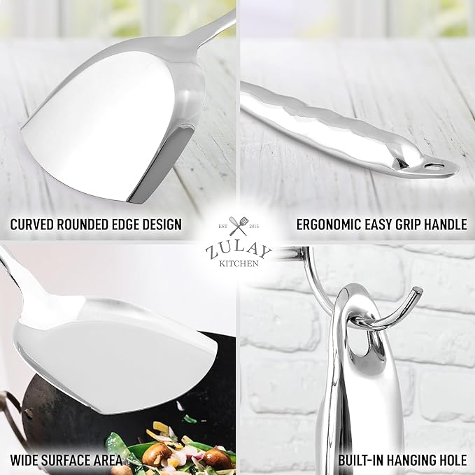 Zulay Kitchen Stainless Steel Metal Wok Spatula - Durable Wok Turner Spatula Shovel - Durable Utensil with Ergonomic, Easy to Use Handle - Easy to Clean, Perfect for at Home Cooks & Chefs - 14.8”