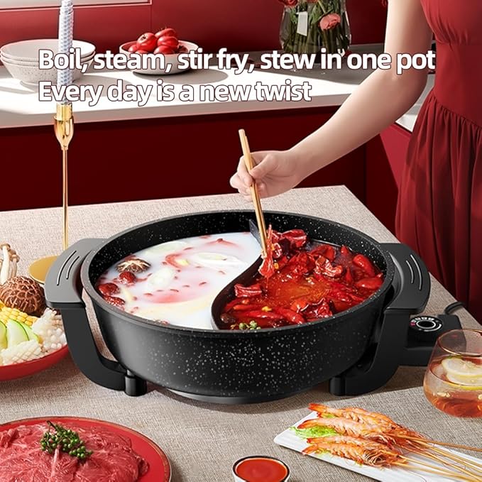 AORAN 6L Electric Hot Pot, Non-Stick Smokeless Cooking Pot with Divider for Hot Pot, Fondue, Shabu Shabu, Multi-Function, Includes Ladle, Tongs, Oil Brush, Food Tongs, Easy to Clean Black