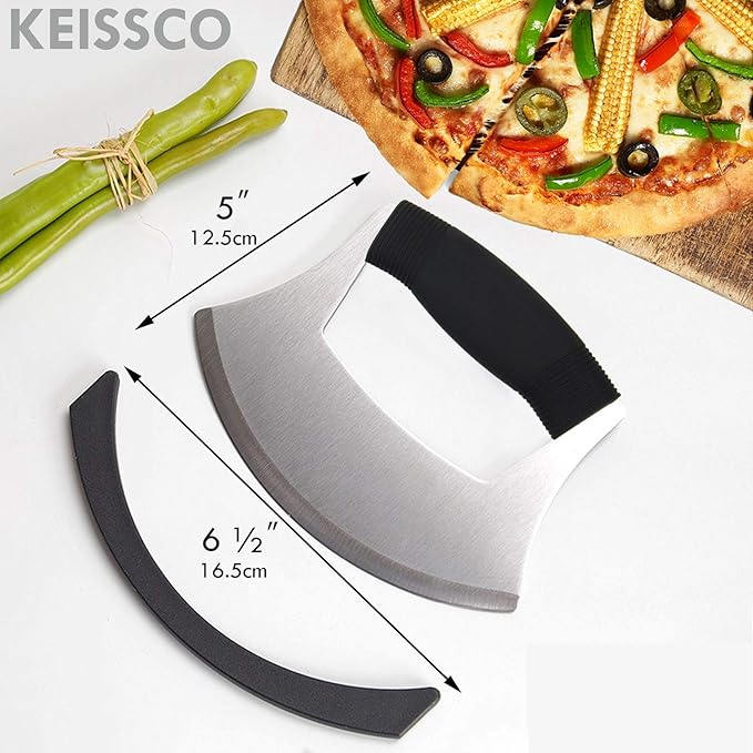 Pizza Cutter Stainless Steel Ulu knife Razor Sharp Rocker Slicer Cutter Mincing Mezzaluna Knife Salad Vegetable Chopper with Upgraded Ergonomic Anti-Slip Handle