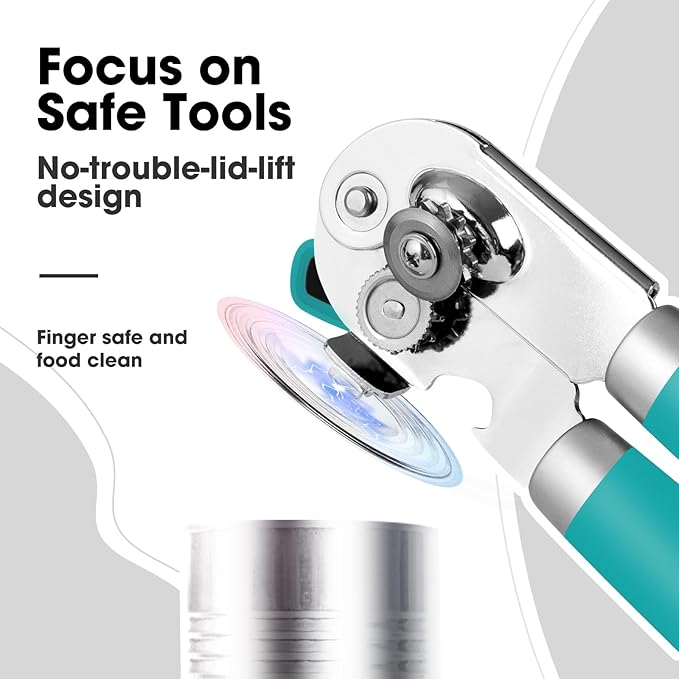 Beneno Can Opener Manual with Magnet, Hand Held Heavy Duty Can Opener with Durable Sharp Blade Smooth Edge, Big Effort-Saving Knob, Soft Grip Rubber Handle, Multifunctional Bottle Opener, Turquoise