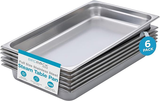 BIRDROCK HOME Stainless Steel Steam Table Pan - Hotel, Restaurant & Catering Supplies - 24 Gauge Steel, 9.1 qt Capacity - Meal Prep, Cooking, & Food Storage Container - 2.5" Depth, Full-Size (6 Pack)