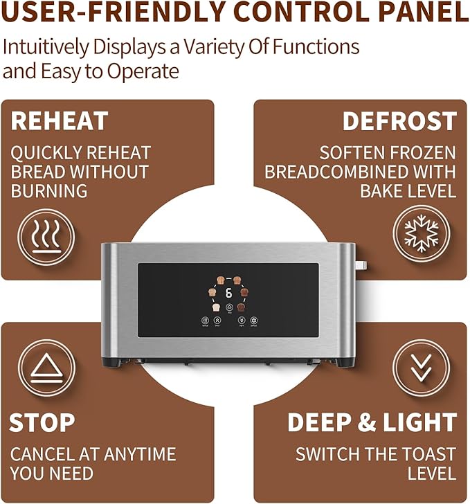 2 Slice Toaster with Touch Screen, Slim Toaster For Long Slice, 1.6" Wide Slot, 6 Browning Levels, 1000W Fast Heating, Slim Stainless Steel Design for Bagels, Baguettes, Compact Kitchen & RV Use