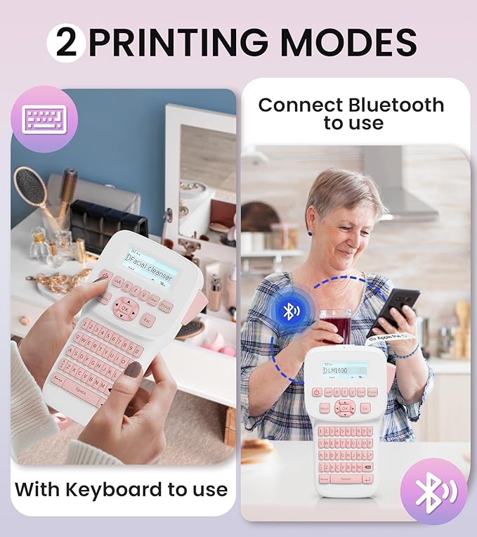 Pink Label Maker Machine with-Tape, Rechargeable Label Maker with Keyboard, Bluetooth Labeler Machine LM1600, Backlit Display, Multiple Symbol Icon Style Templates for Home Office Use