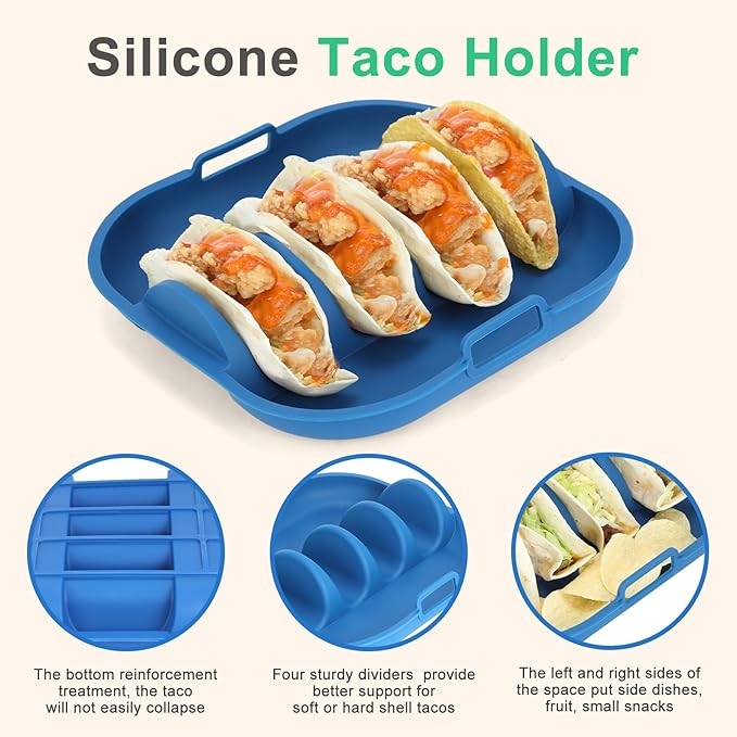 Silicone Taco Holder 2 Pack,10.2in pgrade Reusable Taco Plates with Dividers,Fiesta Tacos Holder Tray.Taco Serving Plates, Dishwasher & Microwave Safe (2, BLUE+GREEN)