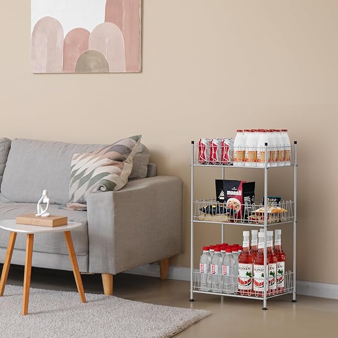 Water Bottle Storage Organizer 3 Tier Freestanding Water Bottle Holder Rack Stand Metal Drink Soda Can Organizer Beverage Shelf for Floor Pantry Kitchen Food Storage, Silver