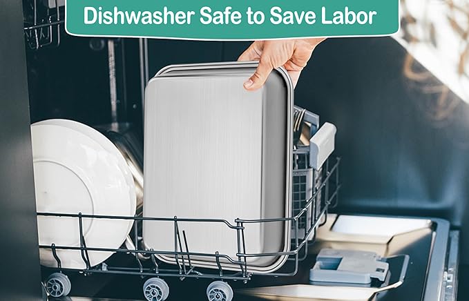 TeamFar Lasagna Pan, 10.5 x 8 x 1.7 inch Stainless Steel Rectangle Cake Pan Brownie Pan Set for Roasting Baking, Non Toxic & Healthy, Oven & Dishwasher Safe, Brushed Surface & Wider Edge - Set of 2