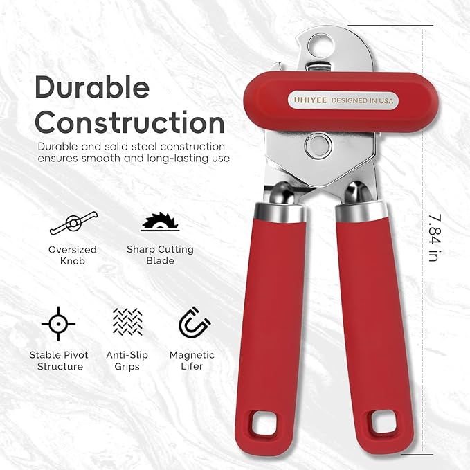 Can Opener Manual, UHIYEE Hand Held Manual Can Openers Heavy Duty with Smoother Cut Sharp Blade, Manual Hand Can Open with Soft Handle, Easy to Turn Knob, Magnetic Lid Lifter, Red