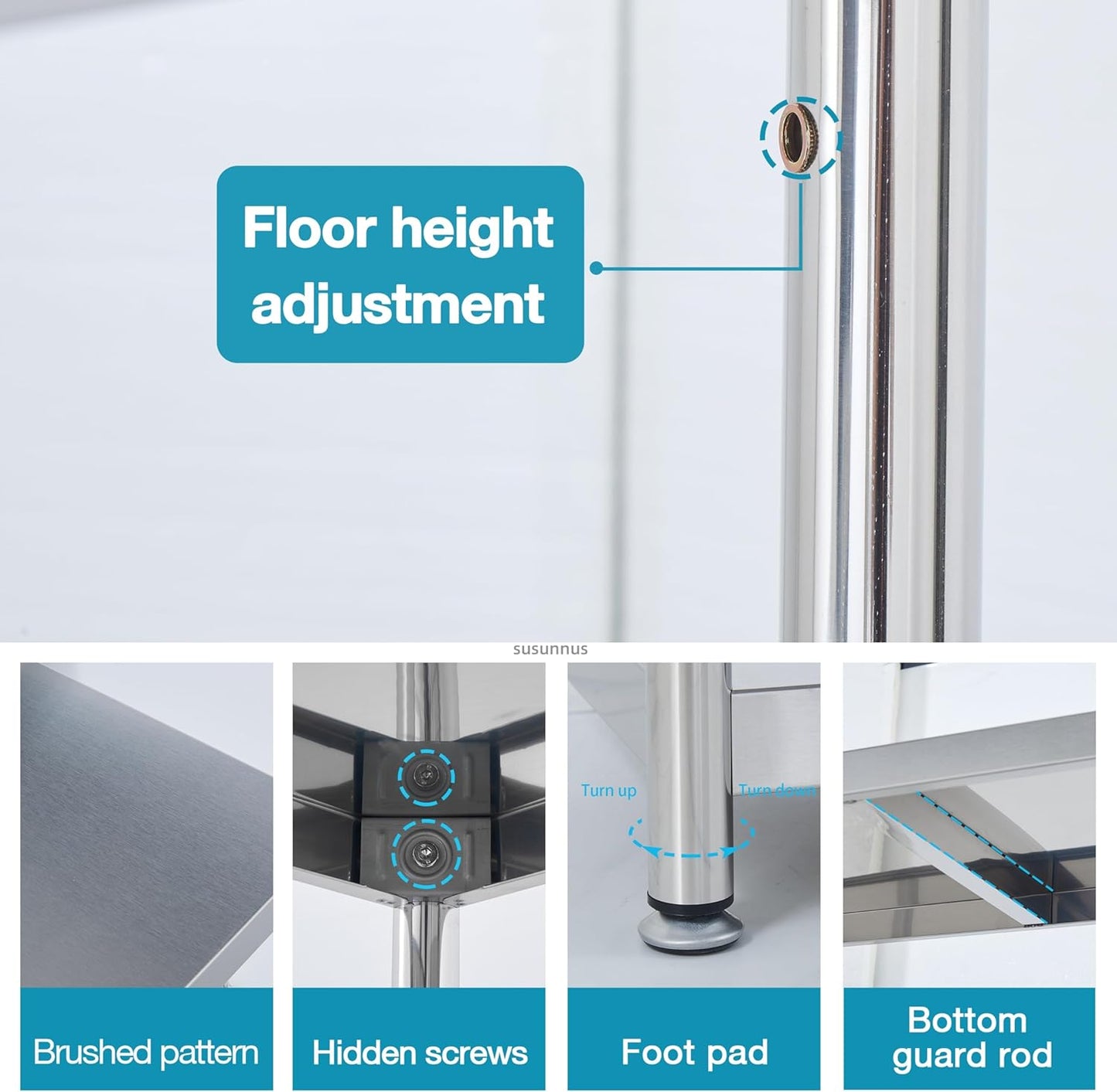 susunnus Stainless Steel Shelves 4 Tier Storage Shelves for Kitchen Garage Shelves Heavy Duty Shelving Metal Shelving Units and Storage Kitchen Industrial Storage Rack(with Guardrails)