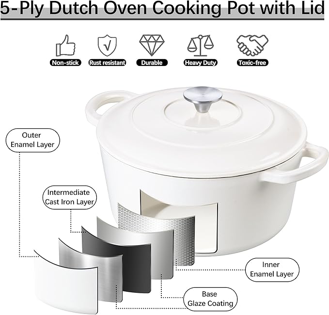 E-far Dutch Oven Pot with Lid, 5 Quart Enameled Cast Iron Round Dutch Oven Stockpot for Bread Baking/Braising/Cooking/Roasting/Stewing, Heavy Duty Nonstick Cookware Safe for Induction & Oven - White