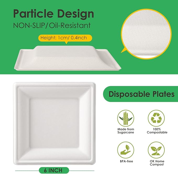 Gezond 100 Pack Compostable Square Paper Plates 6 Inch Disposable Paper Plates Heavy Duty Square Dinner Plates for Party Eco-friendly White Salad Plates