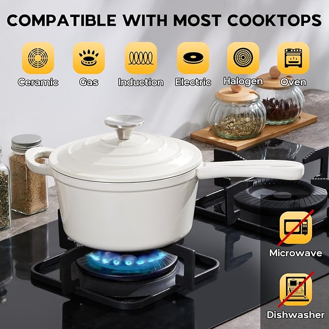 2 Quart Saucepan Dutch Oven, Onader Enameled Cast Iron Sauce Pan Pot with Lid, Small Cooking Kitchen Pot, Nonstick & Oven Safe – White