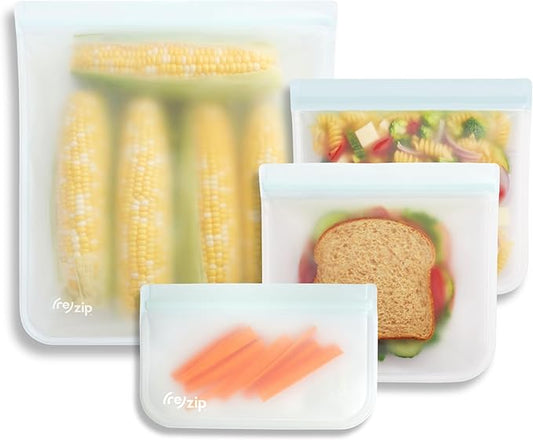 (re) zip 4-Piece Reusable Food Storage Bag Kit – Leakproof, Airtight, BPA-Free, Food-Safe PEVA – Freezer Safe & Travel Friendly – Includes 1 Gallon, 2 Sandwich & 1 Snack Bag