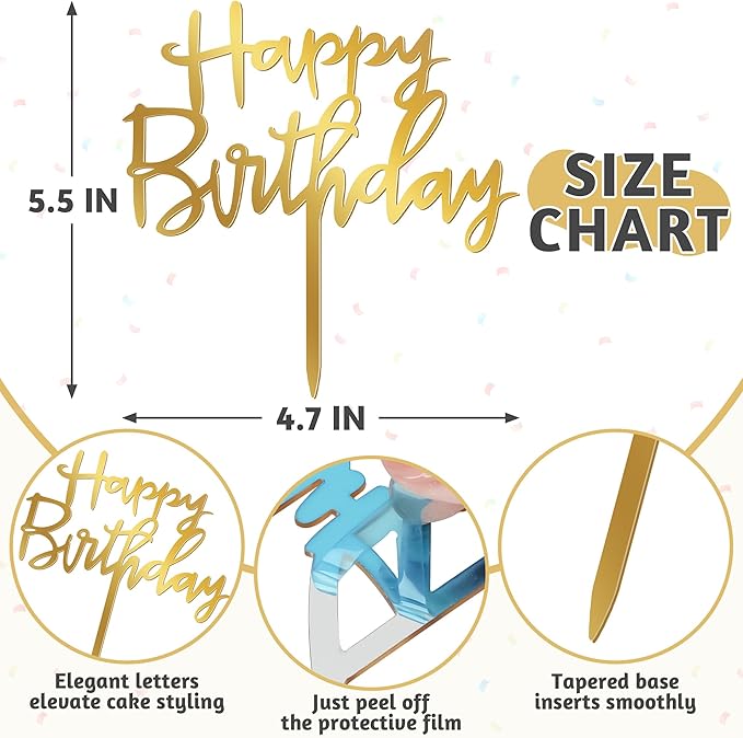 1PCS Gold Happy Birthday Cake Topper, 4.7 x 5.5 Inches Birthday Cake Decorations, Glitter Mirror Acrylic Cake Topper for Birthdays, Anniversaries, or Milestone Celebrations