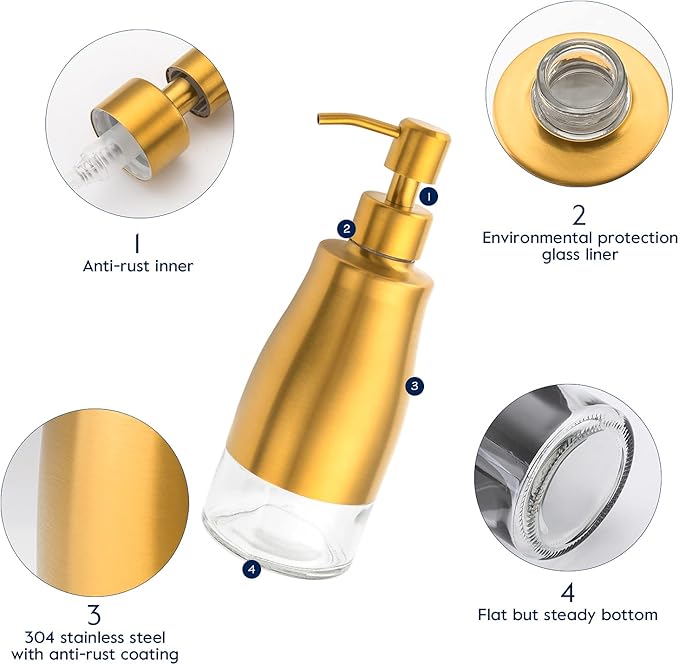 Soap Dispenser with Coaster and Stickers, Brushed Gold Stainless Steel Glass Hand Pump Dispenser, Anti Rust Bottle, for Kitchen & Bathroom Detergent Bottle，Refillable Hand Liquid Dispenser