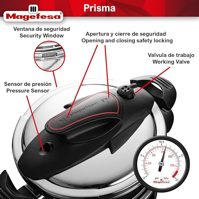 MAGEFESA Prisma Pressure Cooker, 4.2+6.3 Qt, 18/10 Stainless Steel, Easy Lock, Induction Compatible, 5 Safety Systems, 11.6 PSI