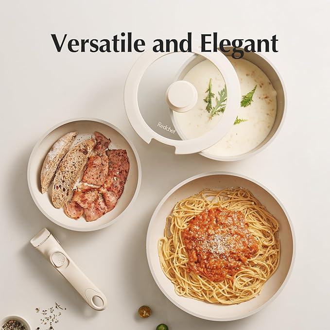 Redchef Ceramic Pots and Pans Set, Nonstick Kitchen Cookware Set with Detachable Handle, Non Toxic Cookware Set 16pcs, PFAS PFOA & PTFE Free, RV Ceramic Cookware for Camping, Dishwasher/Oven Safe