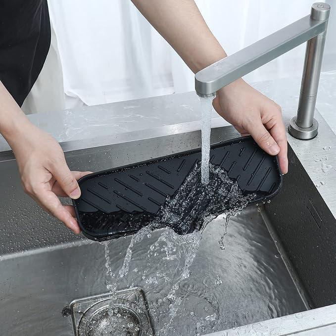 Silicone Bathroom Soap Dishes with Drain Spout-Bathroom and Kitchen Sink Organizer,Sponge Holder,Dish Soap Tray,Perfect for Dispenser,Scrubber,Bottle,Cup on Sink or Counter-Black 12"×4"