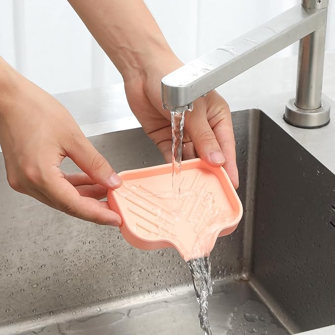 Silicone Bathroom Soap Dishes with Drain Spout-Bathroom and Kitchen Sink Organizer,Sponge Holder,Dish Soap Tray,Perfect for Dispenser,Scrubber,Bottle,Cup on Sink or Counter-Pink 4.9"×3.2"