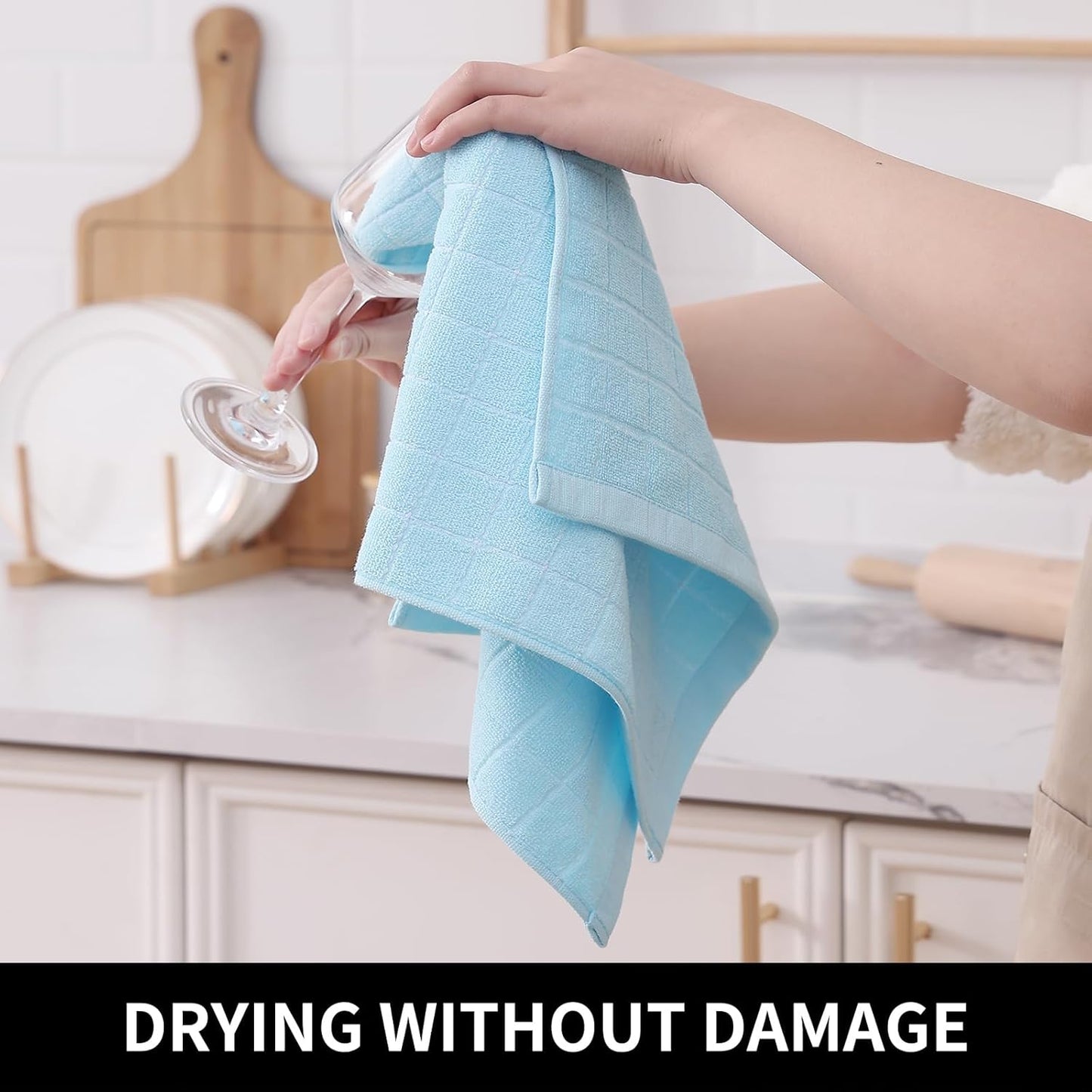 Homaxy 100% Cotton Terry Kitchen Towels(Sky Blue, 13 x 28 inches), Checkered Designed, Soft and Super Absorbent Dish Towels, 6 Pack