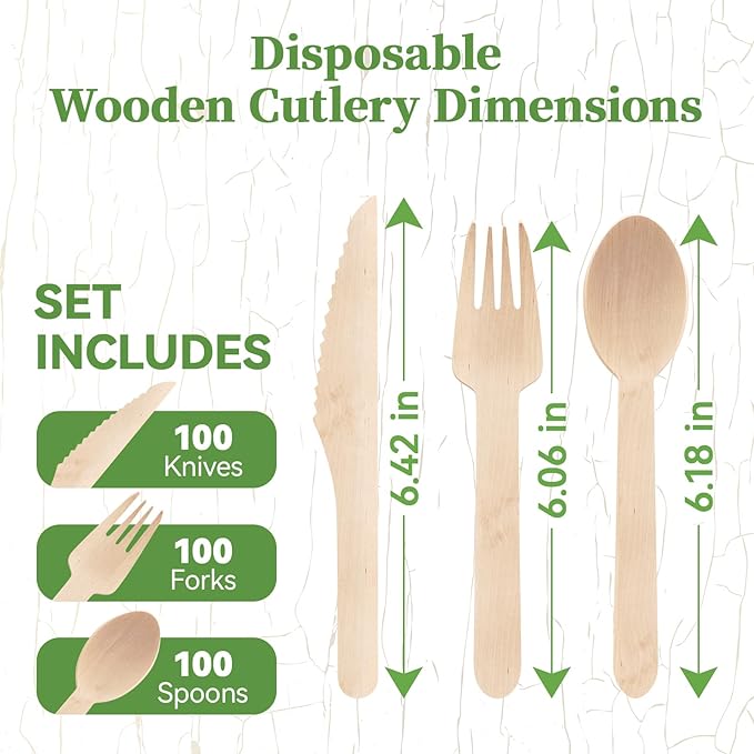 ECOLipak 300 Count Disposable Wooden Cutlery Set, 100 Knives, Forks and Spoons each, Splinter-Free Compostable Wooden Disposable Utensils for Party, Camping, Traveling, Family Dinners