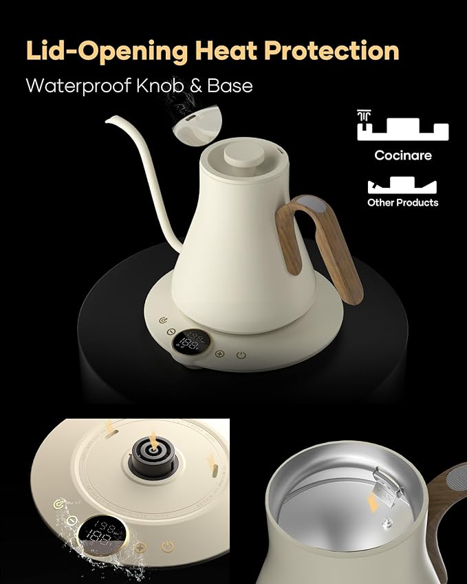Cocinare FLOW B9 Gooseneck Electric Kettle, Precise Temperature Control for Pour-Over Coffee & Tea Brewing, Stainless Steel Interior, Rapid Heating for Boiling Water 1500W/0.9L (White Wooden)