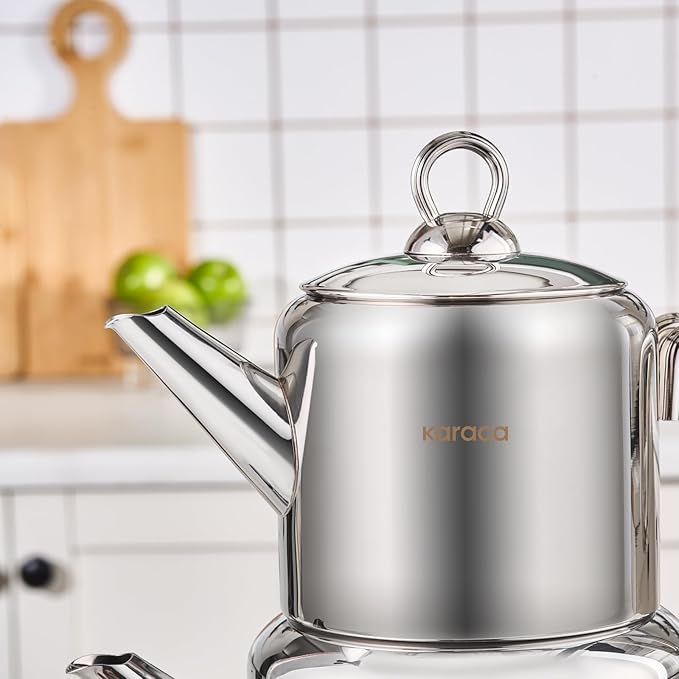 Karaca New Mani Turkish Tea Set for Stovetop, Induction Base Stainless Steel Tea Maker (1L Teapot & 2L Tea Kettle), Dishwasher Safe, Non-Burning Handles Samovar Style