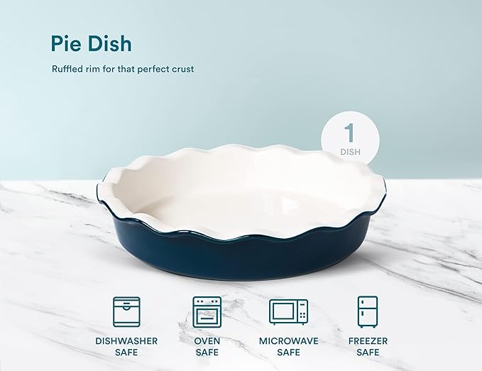 KooK Deep Dish Pie, Pecan Dessert Dish, Porcelain, Ceramic, Deep Dish Plate 10 Inch, Apple Pie, Ruffled Wave Edge, Reusable Round Pan, Oven and Dishwasher Safe, 44 Oz (Navy)