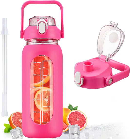 kytffu 56oz Glass Water Bottles with Straw, Motivational Glass Bottle with Silicone Sleeve and Time Marker, Leakproof Large Glass Water Jug for Gym Home Office,Rose red