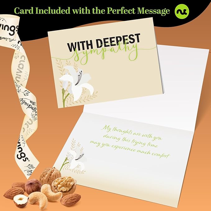 NUT CRAVINGS Gourmet Collection - Sympathy Condolence, Nuts Gift Basket with Sympathy Ribbon + Greeting Card in Reusable Wooden Tray (12 Assortments) Food Platter Healthy Snack Care Package, Food Assortments